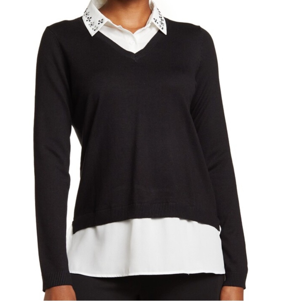 Adrianna Papell V-neck layered and jeweled sweater